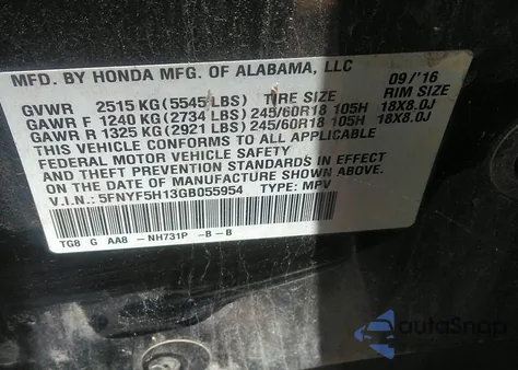 2016 Honda Pilot Lx from USA, damaged, VIN 5FNYF5H13GB055954